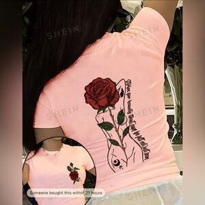 SHEIN Essnce Women's Rose & Letters Short Sleeve Crew Neck Casual T-Shirt